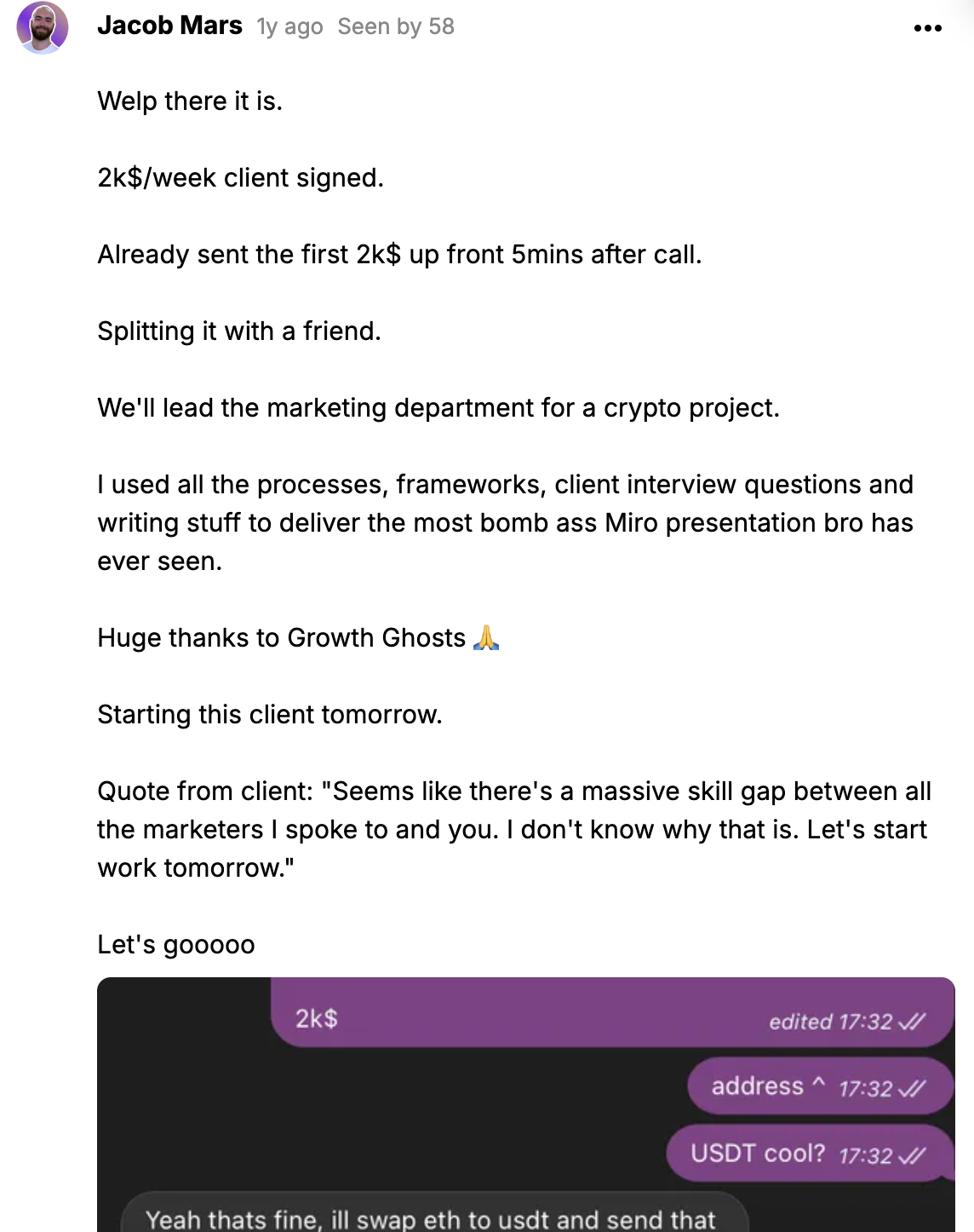Jacob Mars — $2K/week client